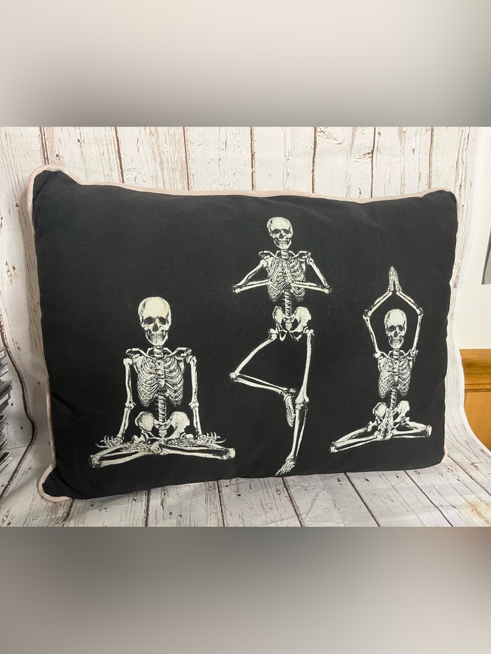Halloween Yoga Skeleton Lumbar Pillow Black 17x12
